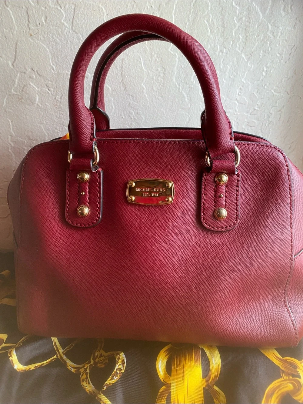 Michael Kors Wine Saffiano Leather Satchel with Gold Hardware